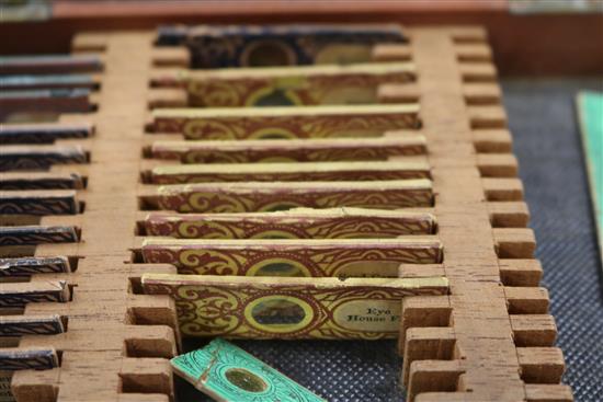 A cased microscope and a cased set of microscope slides